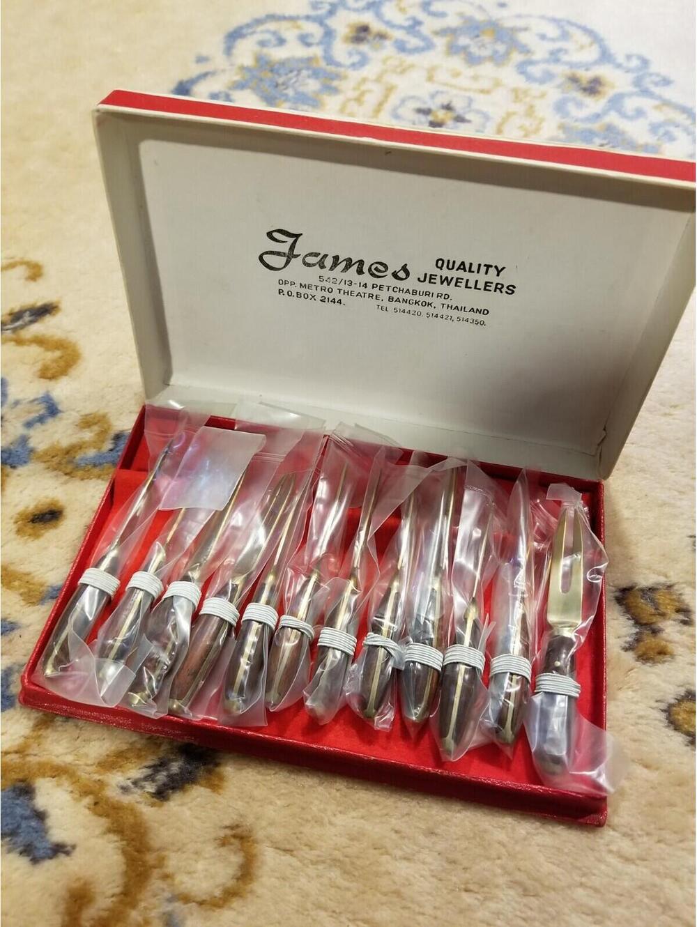 VTG James Quality Jewelers Thailand Cocktail Tiny Forks Brass Wood Appetizer 4"